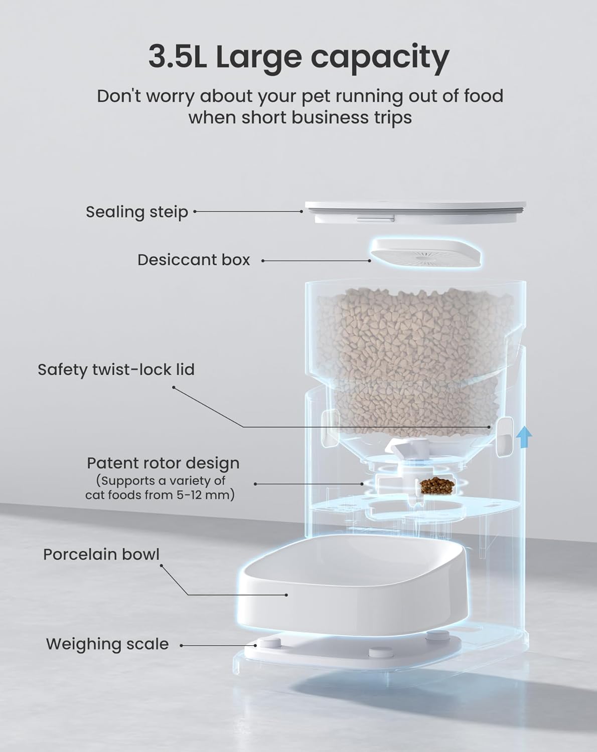 PF2 2.4G Healthy Automatic Cat feeder, 3.5L Automatic Dog Feeder with Video and Voice Call, APP data monitoring, Ceramic Bowl, Customized Timed Feeding,Freshness Preservation,Easy Removal for Cleaning