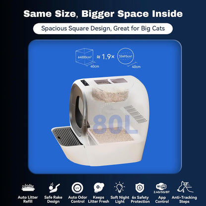 Self Cleaning Litter Box Auto Refill, Automatic Robot Litter Box for Multiple Cats, Ultra-Safe Scooping/Odor Control System/6 x Safety Sensor/5G App, Anti-Leakage 80L Kitty Box Waste Disposal