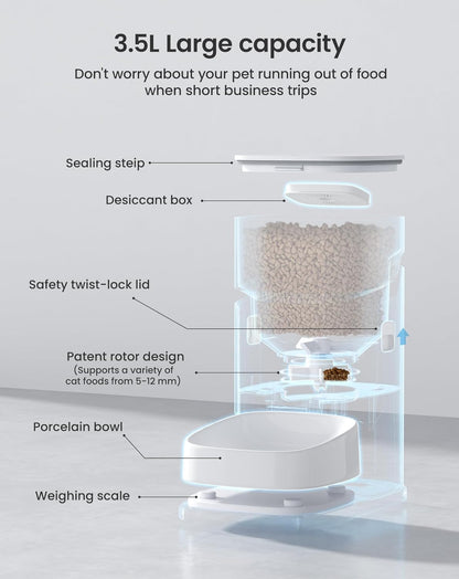 PF2 2.4G Healthy Automatic Cat feeder, 3.5L Automatic Dog Feeder with Video and Voice Call, APP data monitoring, Ceramic Bowl, Customized Timed Feeding,Freshness Preservation,Easy Removal for Cleaning