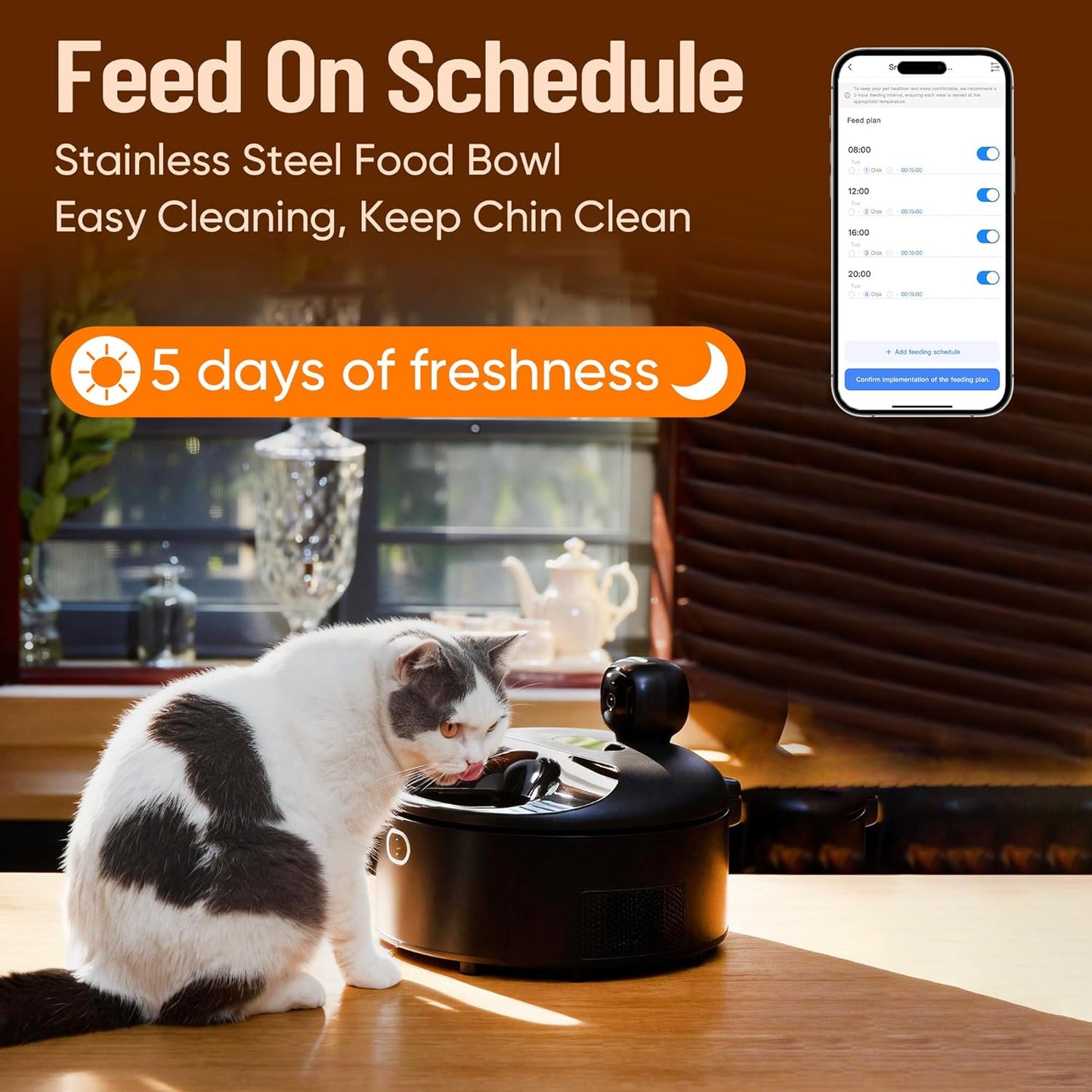 Wet Food Automatic Cat Feeder with Camera, Semiconductor Cooling & Heating with Stainless Steel Bowl, APP Control with Camera & Meal Call, 5 Fresh Meals Pet Food Dispenser (Black)